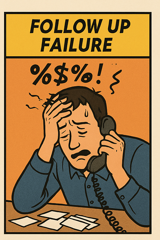 Panel 2: Stressed man failing to follow up on business cards
